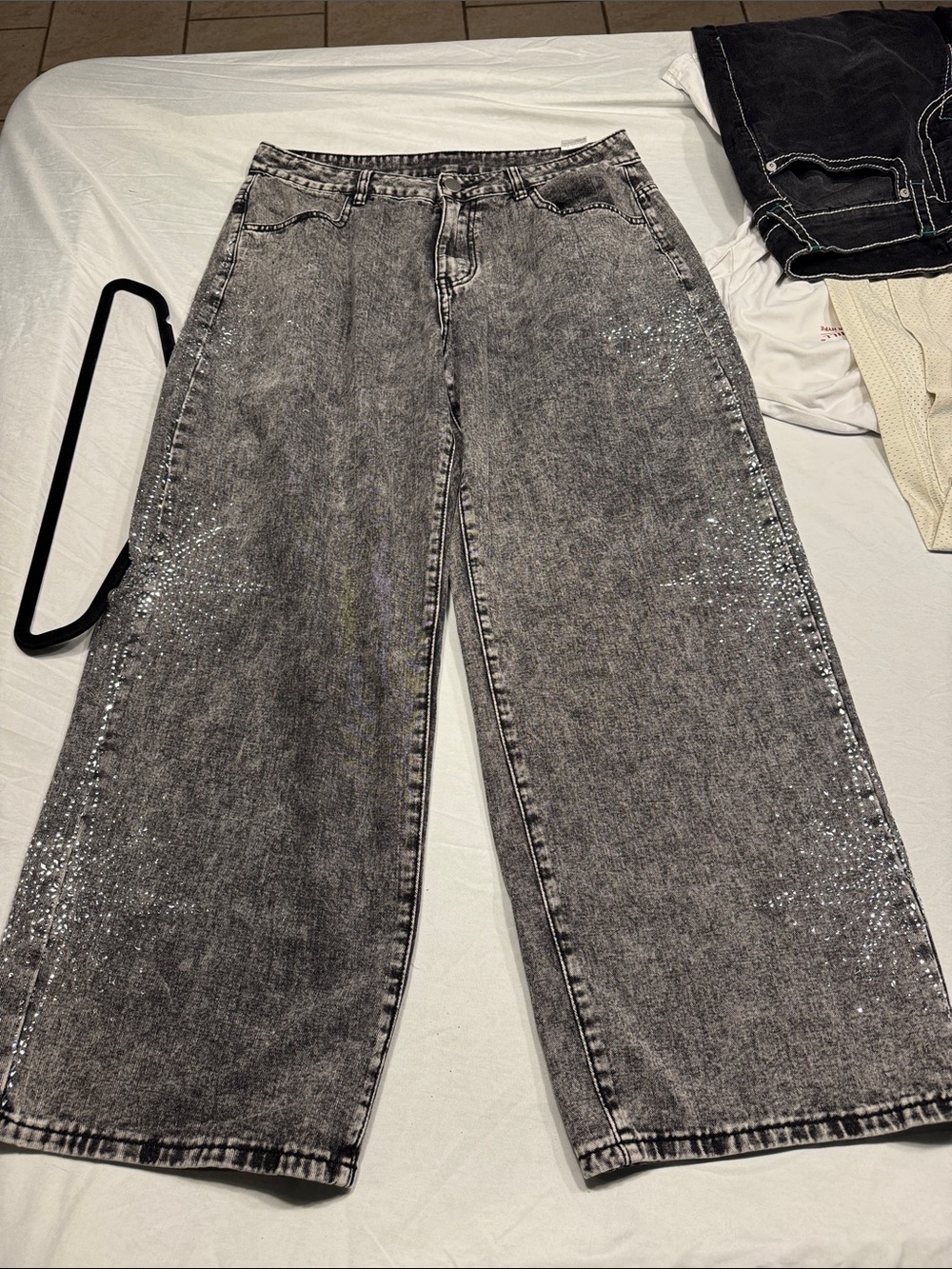 Wide Leg High-Rise Gray Acid-Wash Jeans with Subtle Sparkle